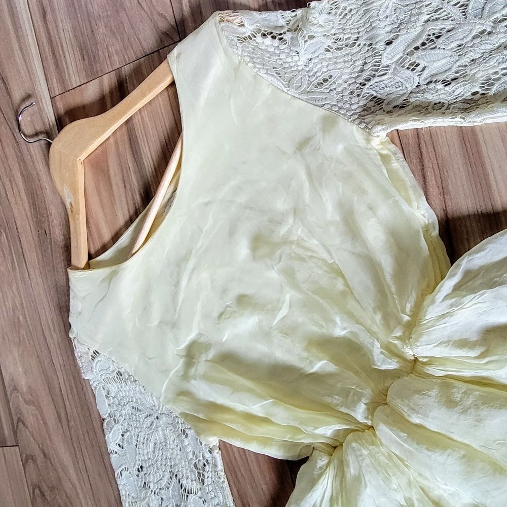 Made in Italy Peplum Lace Crochet Organza Silk Half Sleeve Yellow Blouse - Picture 6 of 13